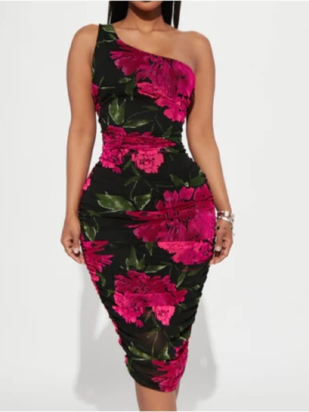 One-Shoulder Fitted Floral Midi Dress in Magenta Size Medium